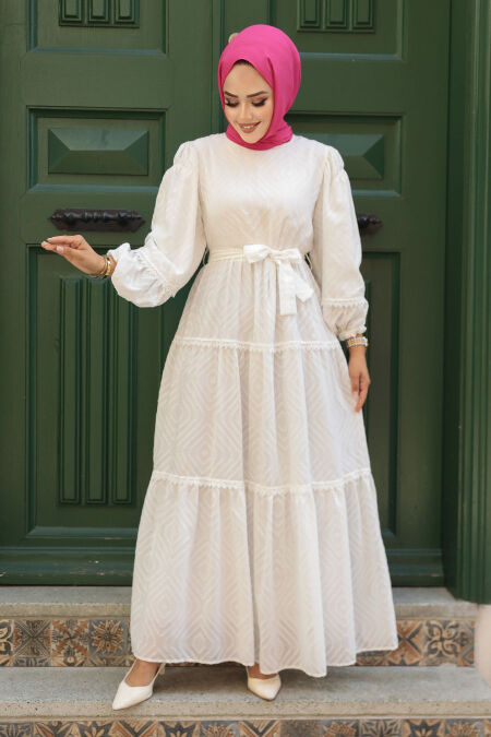 Modest White Long Sleeve Dress 14131B