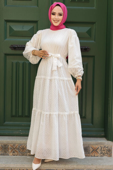 Modest White Long Sleeve Dress 14131B