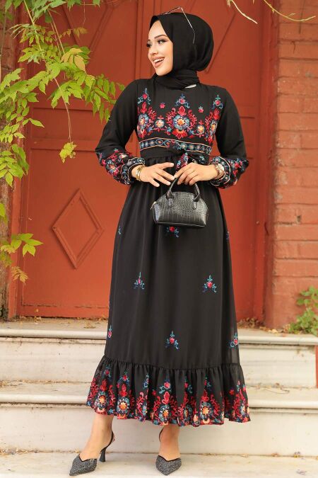 Modest Black Floral Maxi Dress 23231S