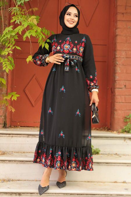 Modest Black Floral Maxi Dress 23231S