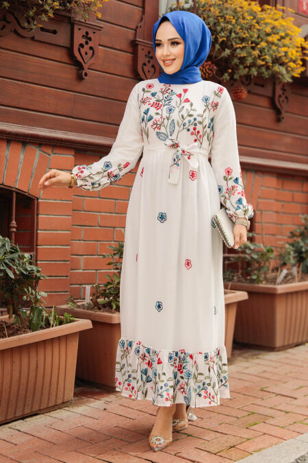 Modest White Floral Dress 23233B