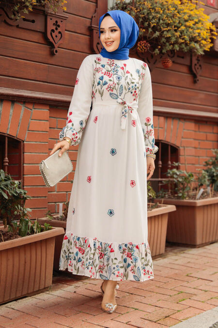 Modest White Floral Dress 23233B