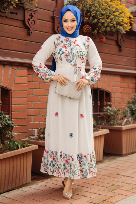 Modest White Floral Dress 23233B