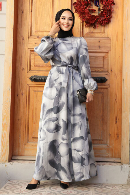 Modest Grey Long Sleeve Dress 23424GR