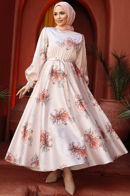 Modest Orange Floral Long Sleeve Dress 60911T