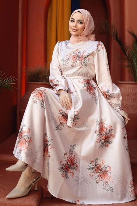 Modest Orange Floral Long Sleeve Dress 60911T