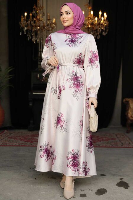 Modest Plum Color Floral Long Sleeve Dress 60911MU