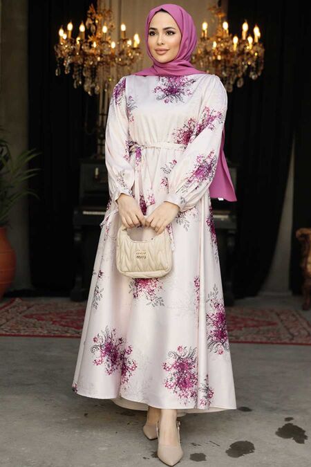 Modest Plum Color Floral Long Sleeve Dress 60911MU