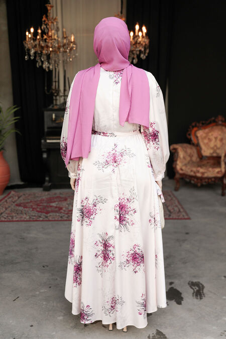 Modest Plum Color Floral Long Sleeve Dress 60911MU