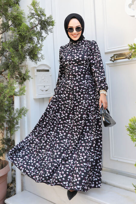 Modest Black Floral Maxi Dress 61071S