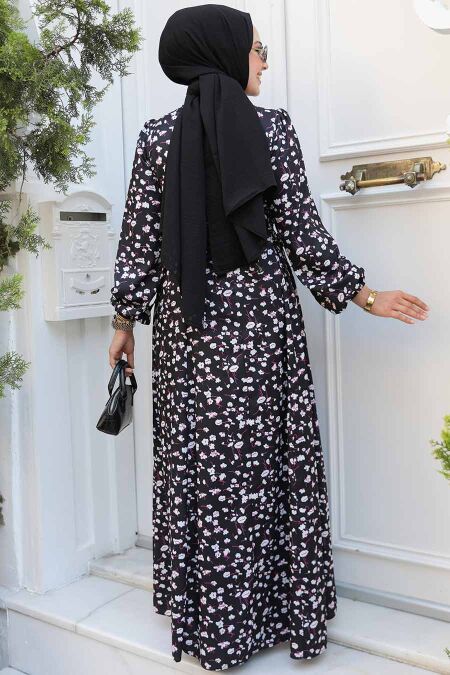 Modest Black Floral Maxi Dress 61071S