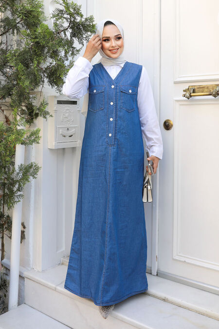 Modest Navy Blue Denim Salopet Dress 19018L