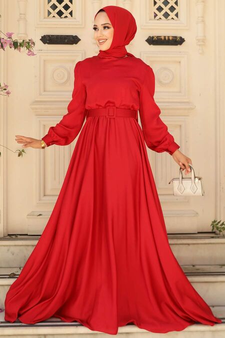  Satin Red Islamic Evening Gown 28890K