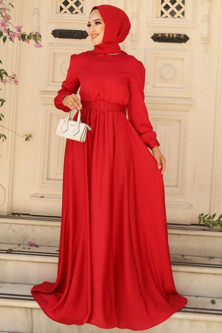  Satin Red Islamic Evening Gown 28890K