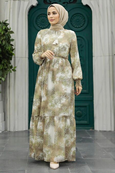  Beige Long Muslim Dress 33560BEJ