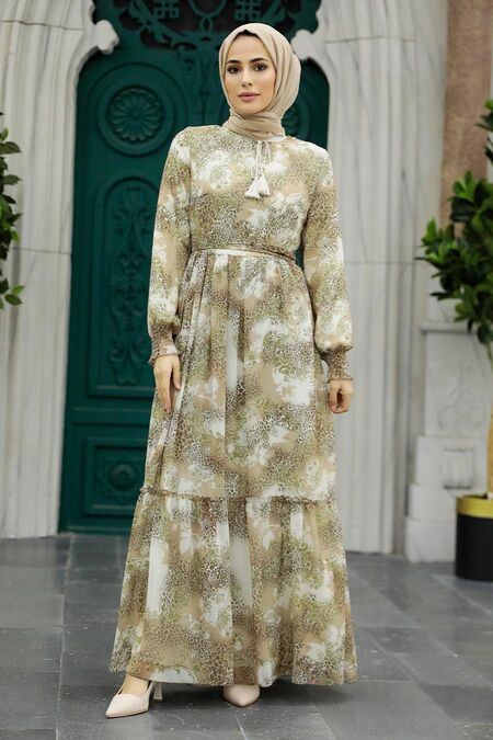  Beige Long Muslim Dress 33560BEJ